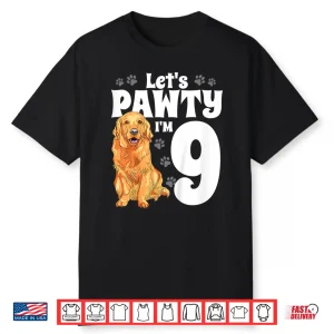 Kids 9 Year Old Golden Retriever Dog Birthday Pawty Dogs 9Th Gift Shirt