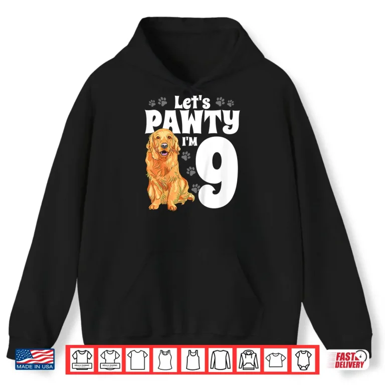 Hoodie Kids 9 Year Old Golden Retriever Dog Birthday Pawty Dogs 9th Gift Shirt