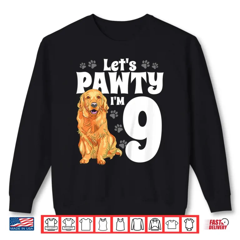 Sweatshirt Kids 9 Year Old Golden Retriever Dog Birthday Pawty Dogs 9th Gift Shirt