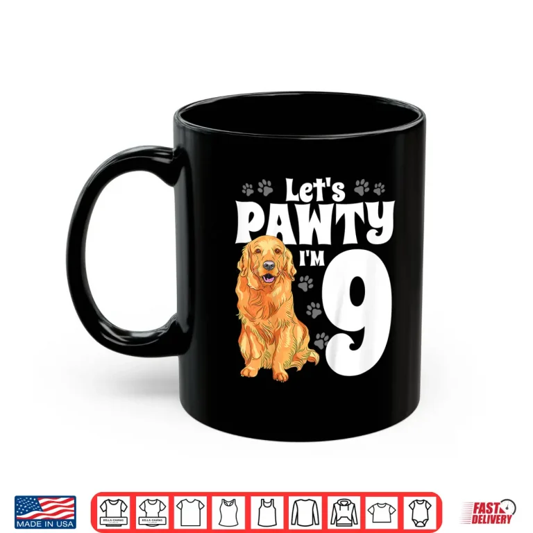 Mug Kids 9 Year Old Golden Retriever Dog Birthday Pawty Dogs 9th Gift Shirt