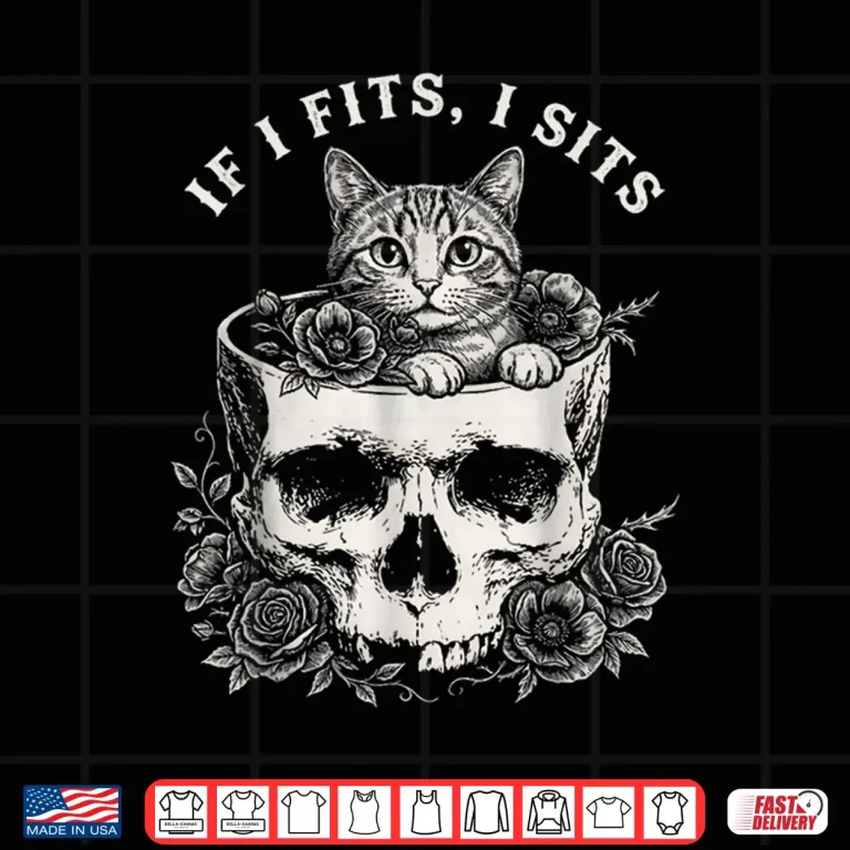 Design Funny If It Fits I Sits Black Cat with Skull Meme Humor Shirt