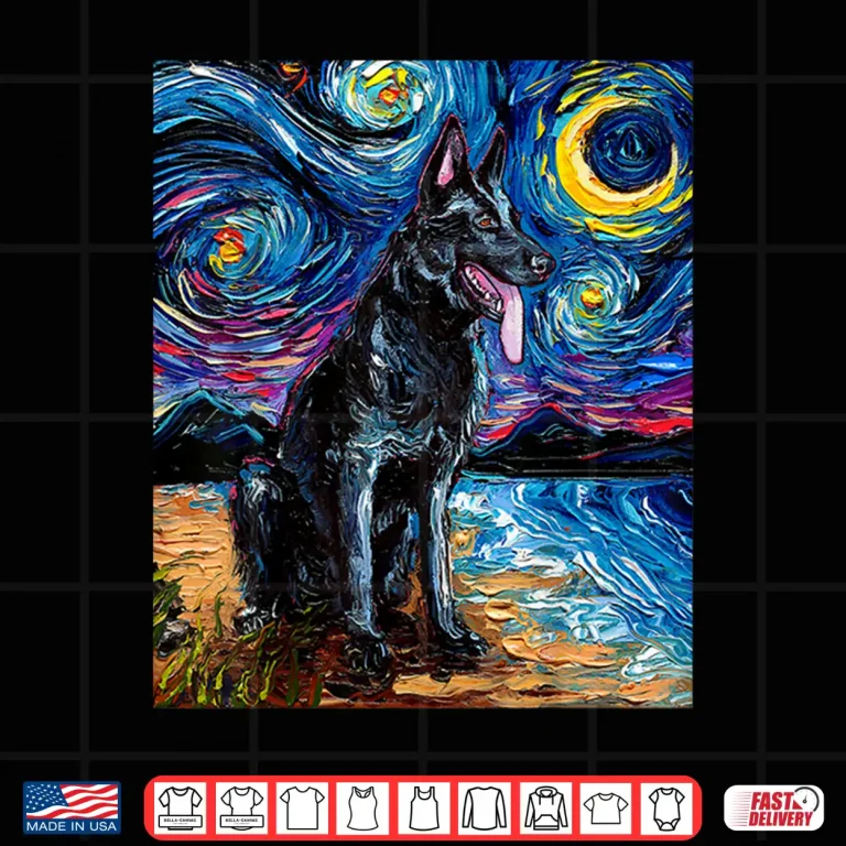 Design Black German Shepherd Starry Night Dog and Moon art by Aja Shirt