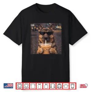 Dog German Shepherd Drinking Iced Coffee Funny Animal Meme Shirt