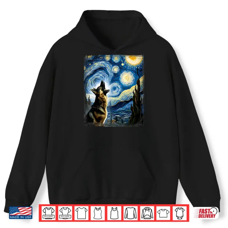 Hoodie Alsatian Dog Artistic Van Gogh Starry Night German Shepherd Shirt