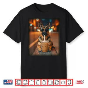 Funny German Shepherd Drinking Iced Coffee Dog Meme Humor Shirt