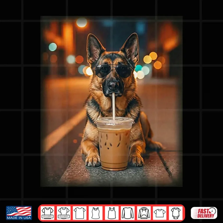 Design Funny German Shepherd Drinking Iced Coffee Dog Meme Humor Shirt