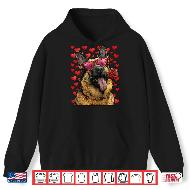 Hoodie German Shepherd with Heart Glasses Rose Valentines Day Dog Shirt
