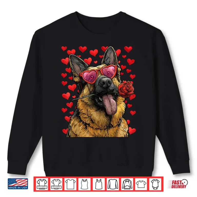 Sweatshirt German Shepherd with Heart Glasses Rose Valentines Day Dog Shirt