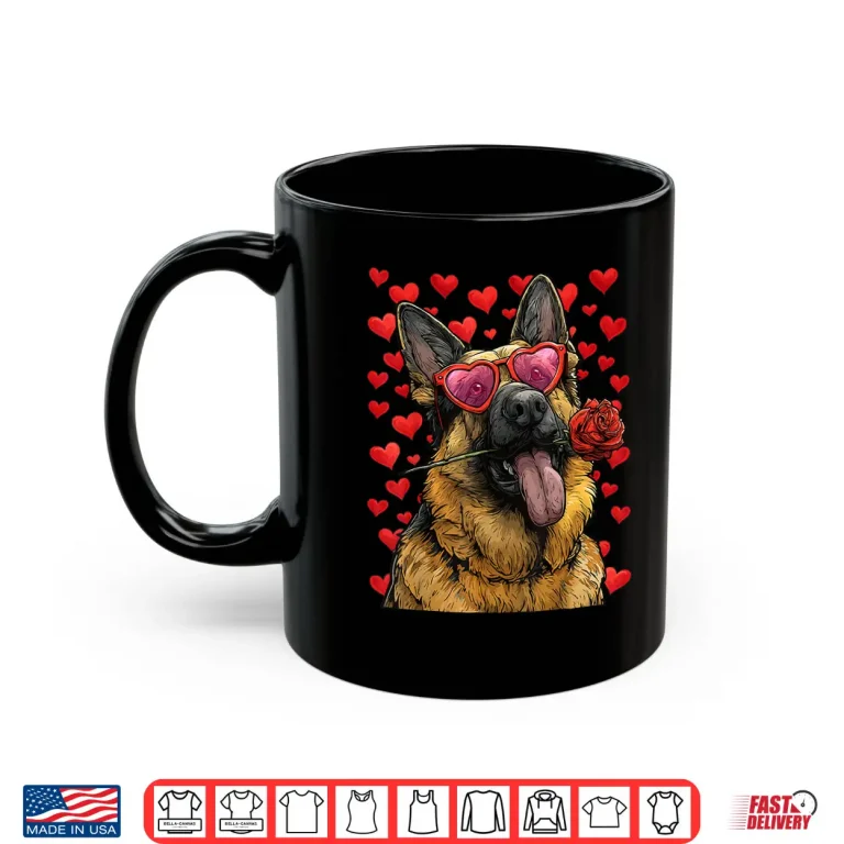 Mug German Shepherd with Heart Glasses Rose Valentines Day Dog Shirt