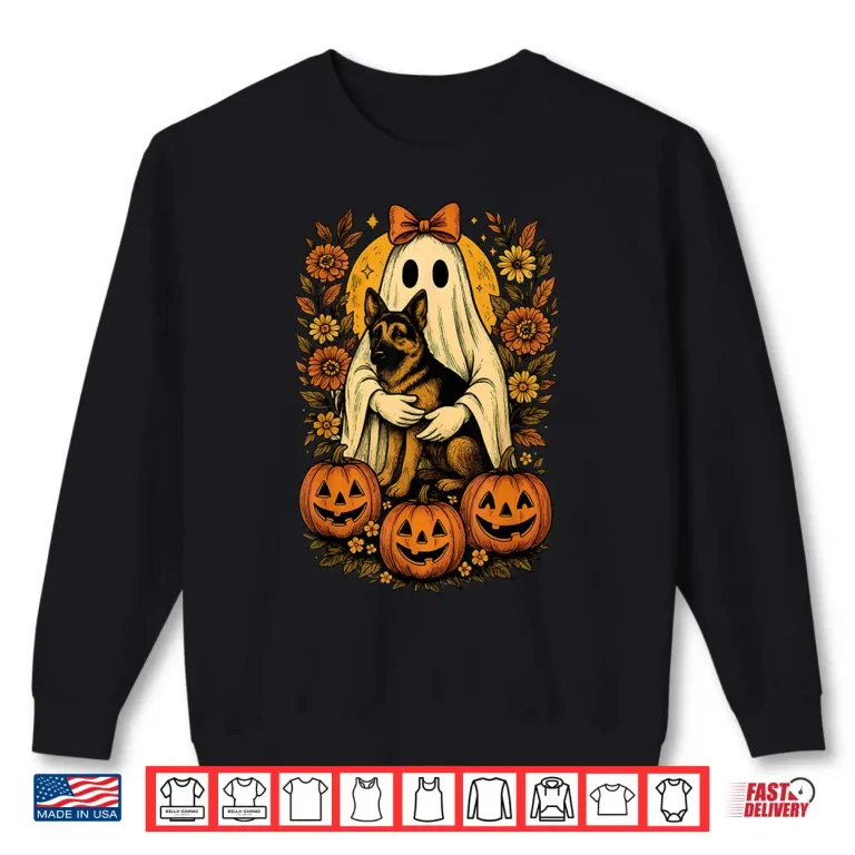 Sweatshirt Vintage Halloween Ghost Holding German Shepherd Dog Shirt