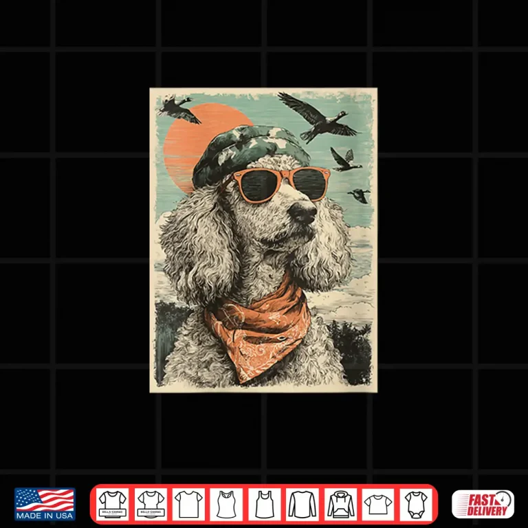 Design Poodle with Sunglasses Duck Hunting Dog Hunter Retro Sunset Shirt