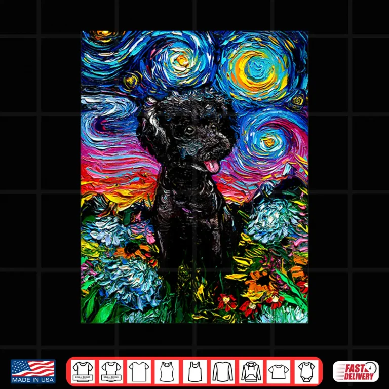 Design Cute Black Poodle and Flowers Starry Night Dog Art by Aja Shirt