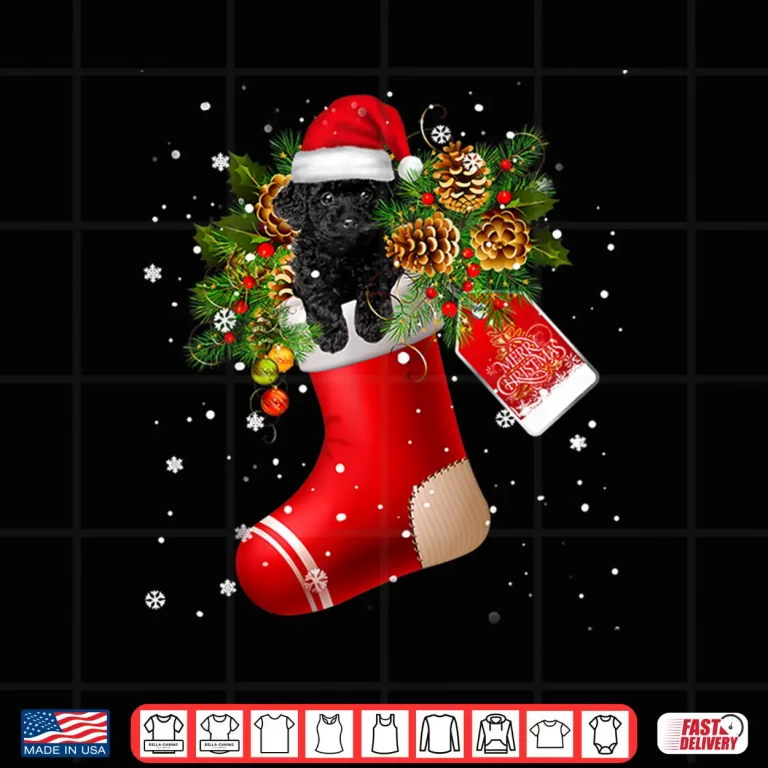 Design Santa Black Toy Poodle In Christmas Sock Pajama Shirt