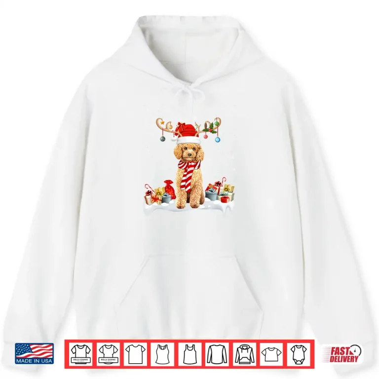 Hoodie Xmas Lights Reindeer Santa Hat Toy Poodle Dog Christmas Shirt