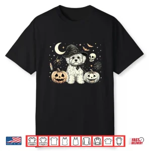 Cute Halloween Maltipoo Witch & Pumpkins Bats Spooky Holiday Shirt