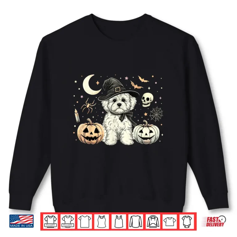 Sweatshirt Cute Halloween Maltipoo Witch Pumpkins Bats Spooky Holiday Shirt