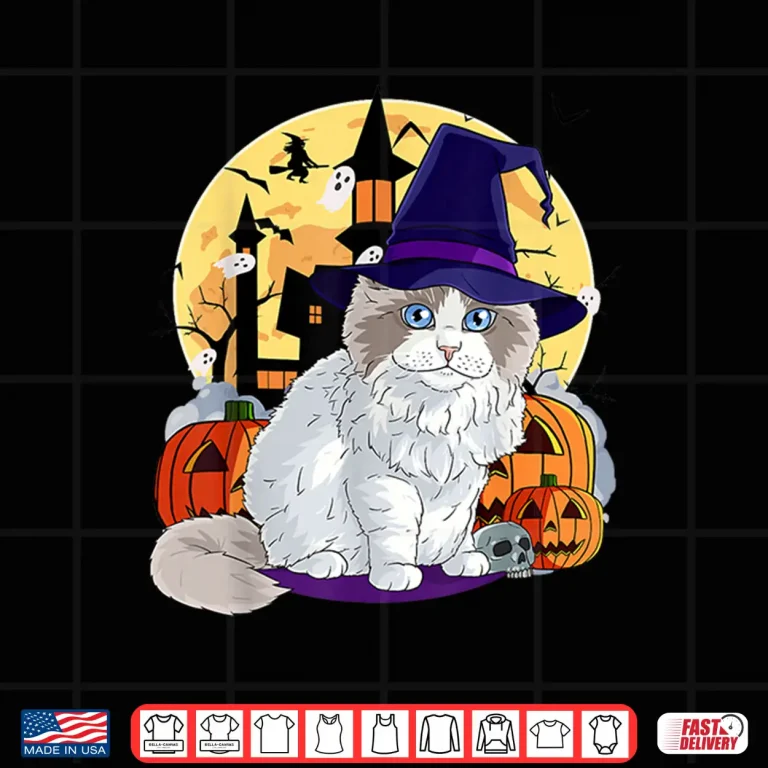 Design Cute Ragdoll Cat Halloween Witch Pumpkin Men Women Kids Shirt