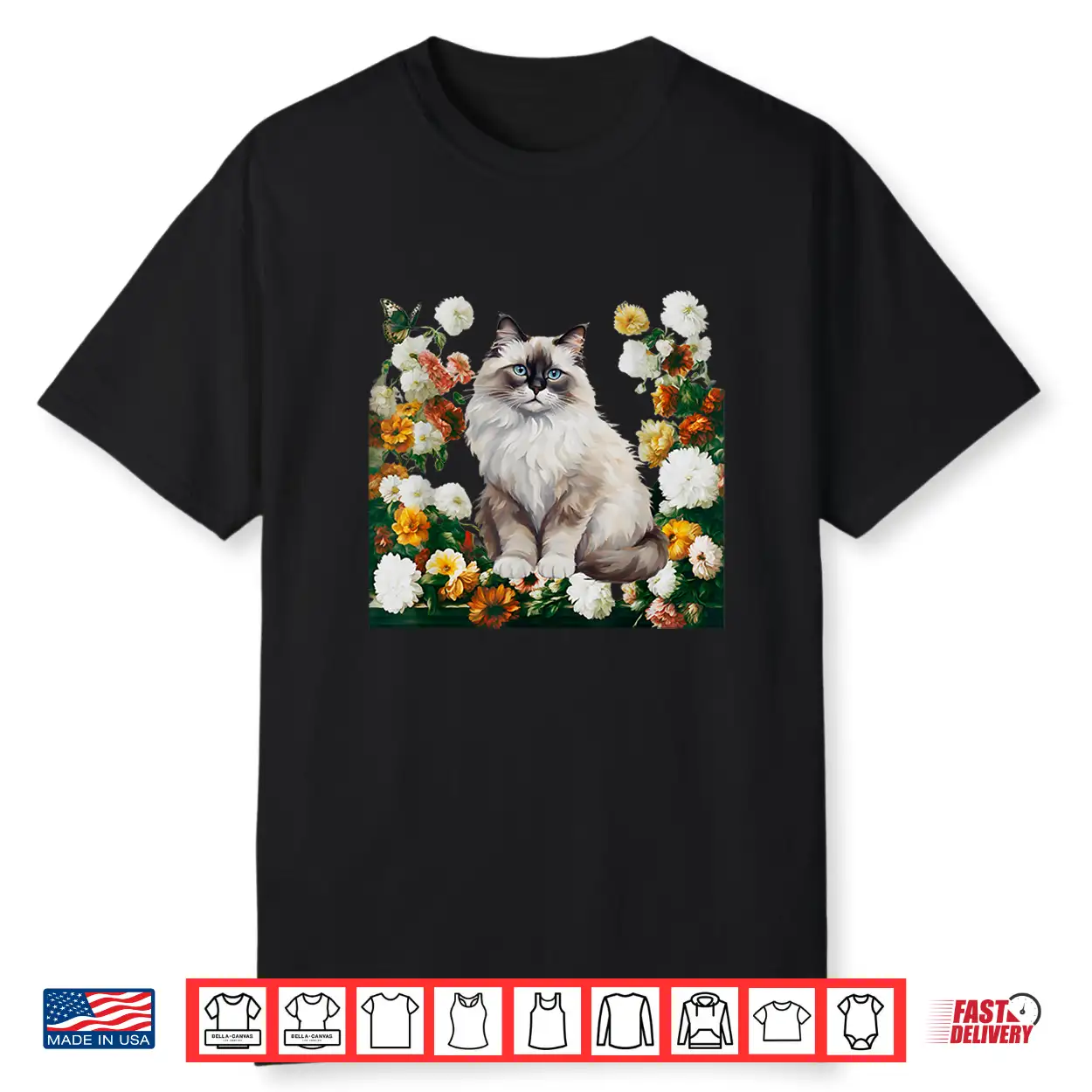 Cute Ragdoll Cat With Golden Hour Cottage Flowers Botanical Shirt