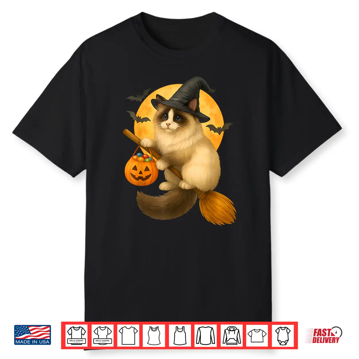 Halloween Ragdoll Cat Witch Flying On Broom With Candy Shirt