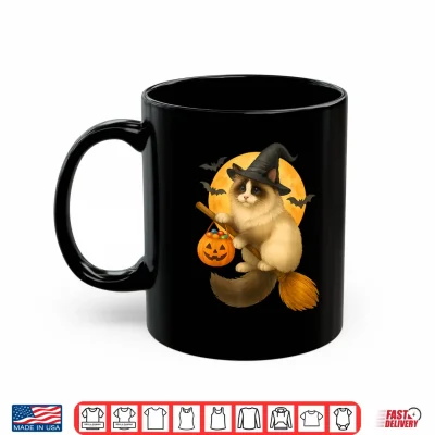 Mug Halloween Ragdoll Cat Witch Flying on Broom with Candy Shirt