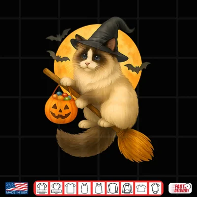 Design Halloween Ragdoll Cat Witch Flying on Broom with Candy Shirt