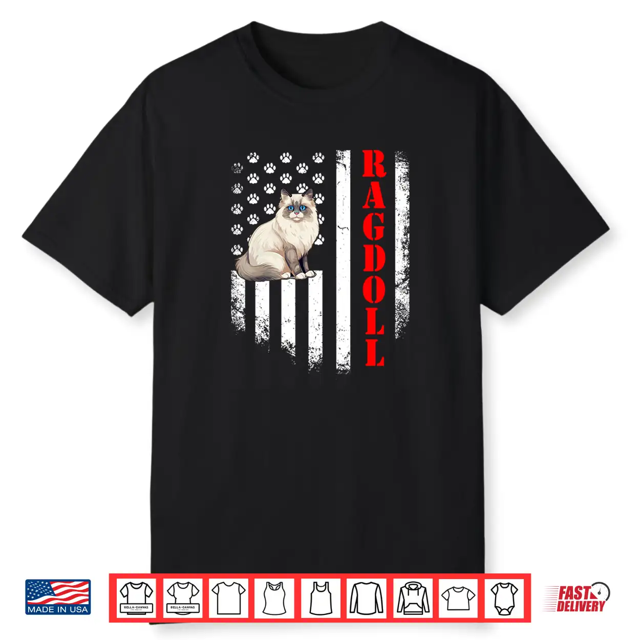 Ragdoll Cat American Flag Paw Print Patriotic Graphic Tee Shirt