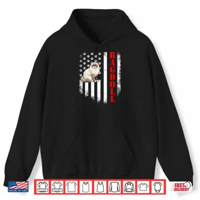 Hoodie Ragdoll Cat American Flag Paw Print Patriotic Graphic Tee Shirt