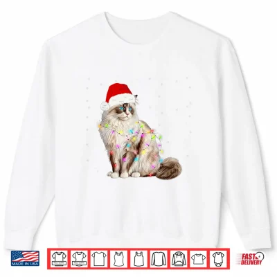 Sweatshirt Ragdoll Cat Wrapped in Christmas Lights and Santa Hat Shirt