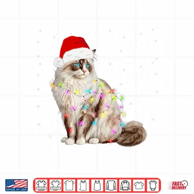 Design Ragdoll Cat Wrapped in Christmas Lights and Santa Hat Shirt