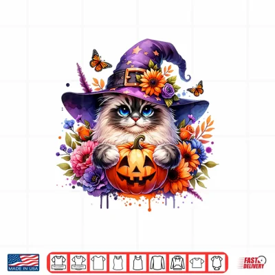 Design Cute Ragdoll Cat Halloween Witch hat Scary Pumpkin Flowers Shirt