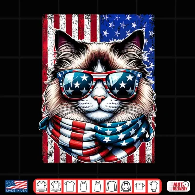 Design 4th of July Ragdoll Cat USA Flag Sunglasses Patriotic Cat Shirt