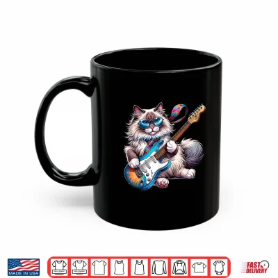 Mug Rock Cat Playing E Guitar Funny Guitar Ragdoll Cat Shirt for Men Women Girls Kids