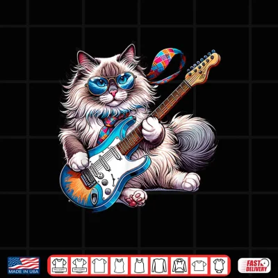 Design Rock Cat Playing E Guitar Funny Guitar Ragdoll Cat Shirt for Men Women Girls Kids