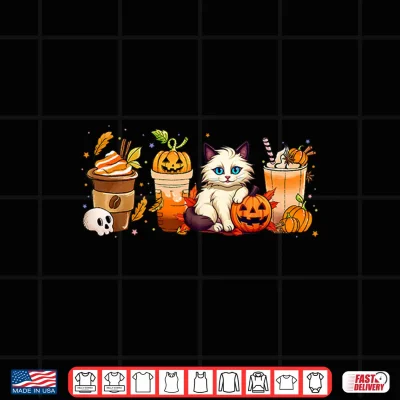Design Halloween Ragdoll Cat Pumpkin Spice Latte Syrup Creamer Shirt