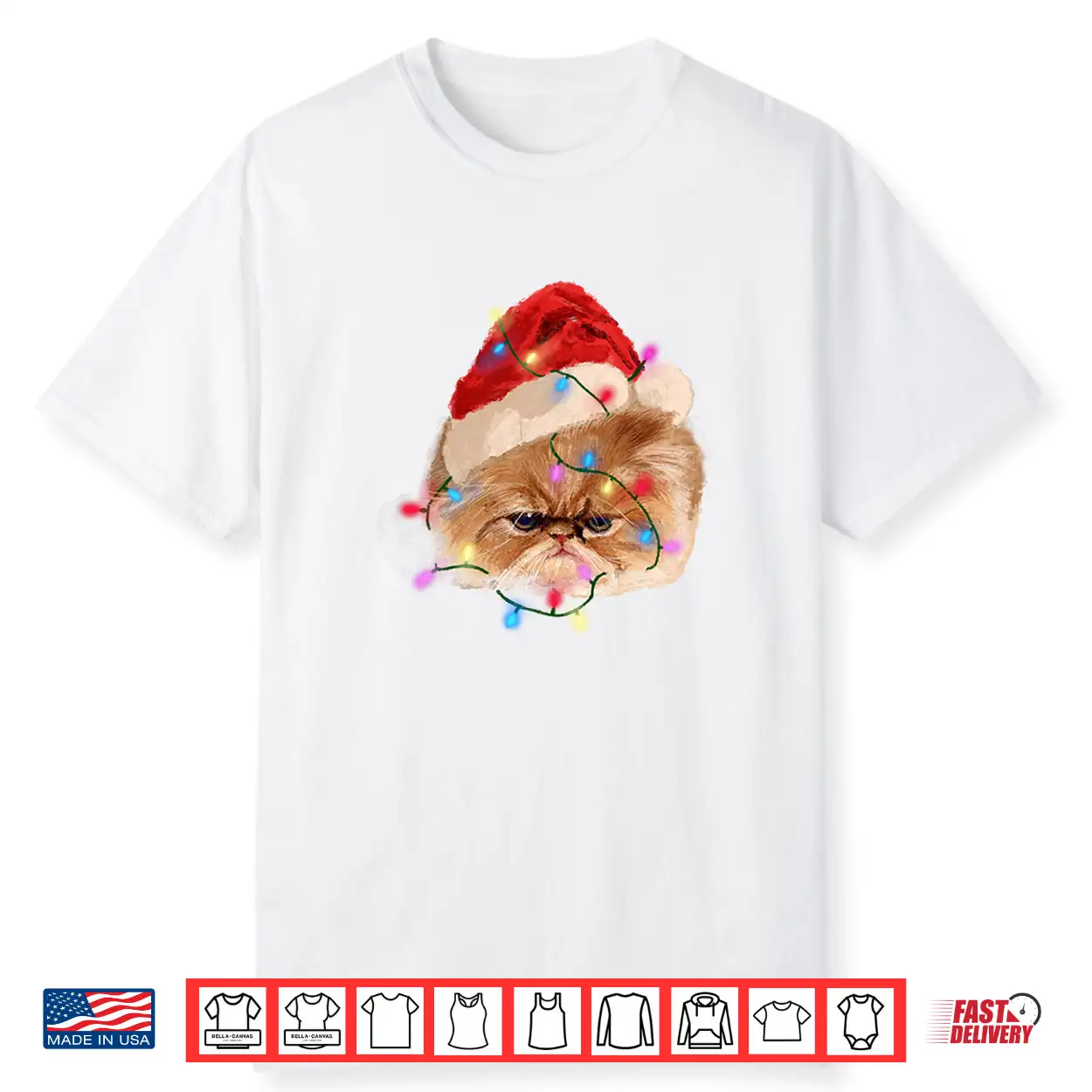 Funny Xmas Persian Cat Christmas Lights Adorable Face Fluffy Shirt