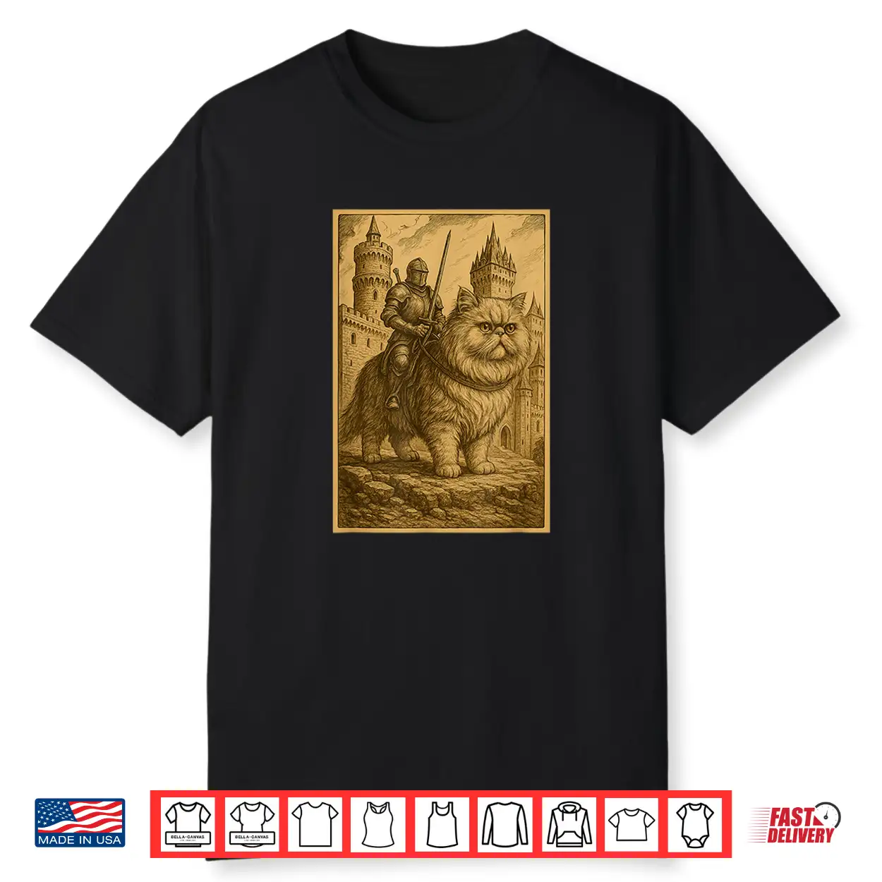Medieval Knight Riding A Persian Cat Rider Surreal Feline Shirt