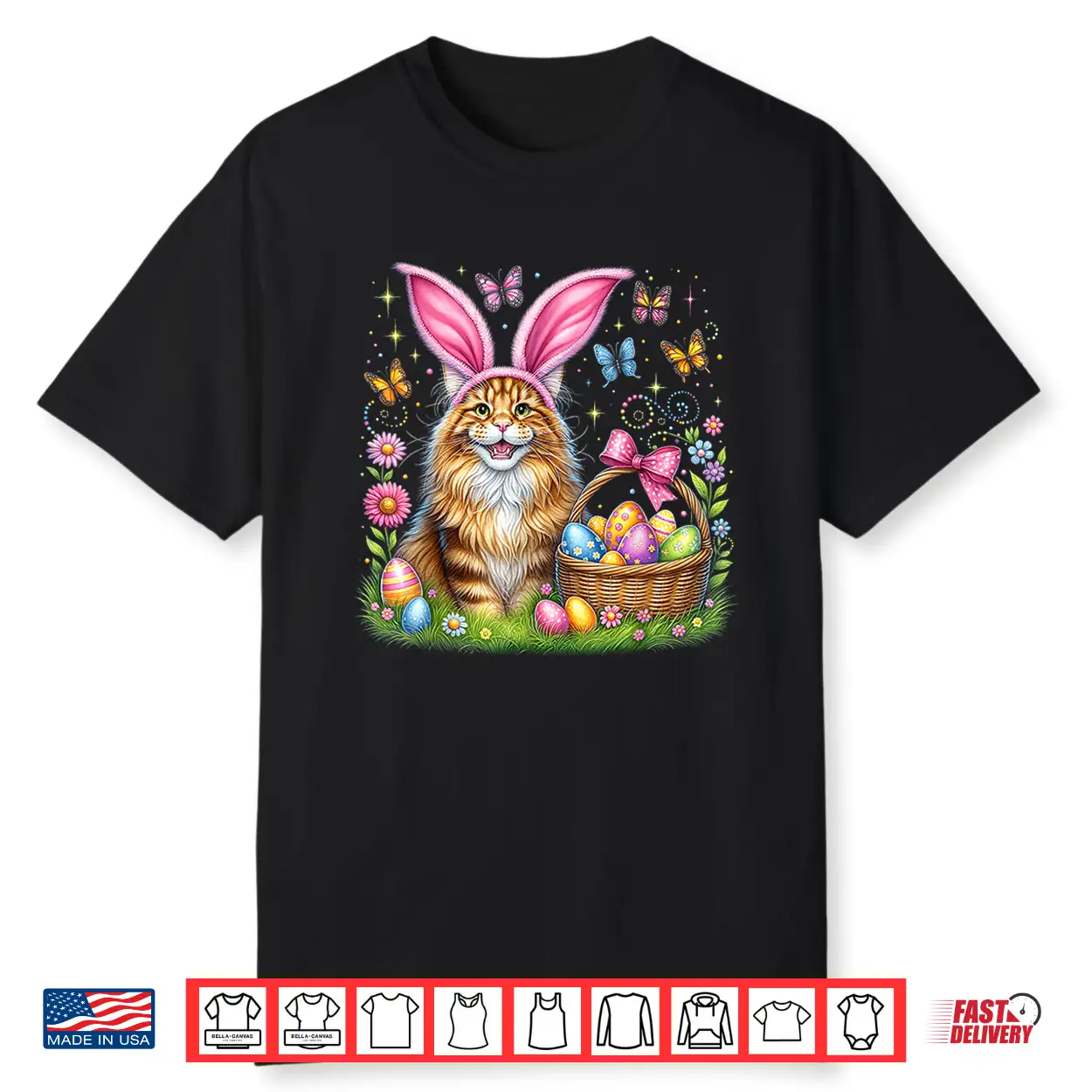 Happy Easter Cute Bunny Maine Coon Cat Easter Eggs Basket Shirt
