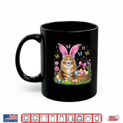 Mug Happy Easter Cute Bunny Maine Coon Cat Easter Eggs Basket Shirt