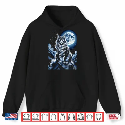 Hoodie Majestic Maine Coon Cat Under Full Moon Night Sky Shirt