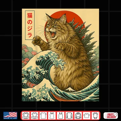 Design Catzilla Maine Coon Cat Japanese Art Gifts For Men Women Kid Shirt