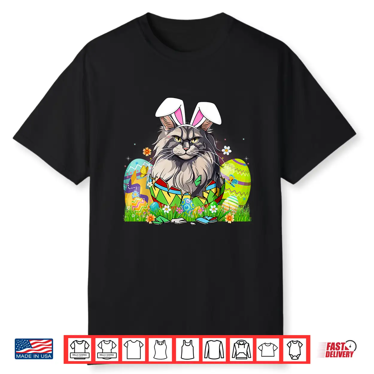 Cute Maine Coon Cat & Bunny Ears In Easter Egg Easter Day Shirt