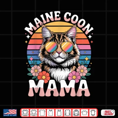 Design Maine Coon Cat Mama Floral Vintage 60s 70s Sunglasses Shirt 1