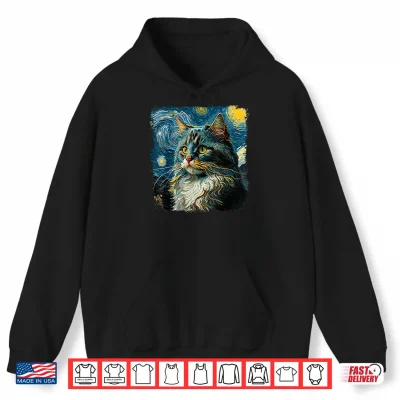 Hoodie Maine coon Cat Art Van Gogh Inspired Starry Night Cat Design Shirt