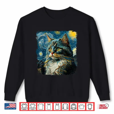 Sweatshirt Maine coon Cat Art Van Gogh Inspired Starry Night Cat Design Shirt