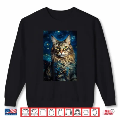 Sweatshirt Maine Coon cat painting kitten Van Gogh art Starry Night sky Shirt 1