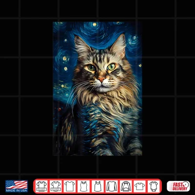 Design Maine Coon cat painting kitten Van Gogh art Starry Night sky Shirt 1