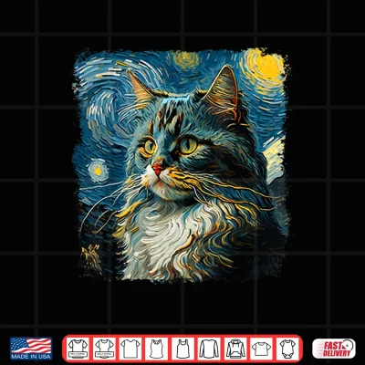 Design Maine coon Cat Art Van Gogh Inspired Starry Night Cat Design Shirt 1