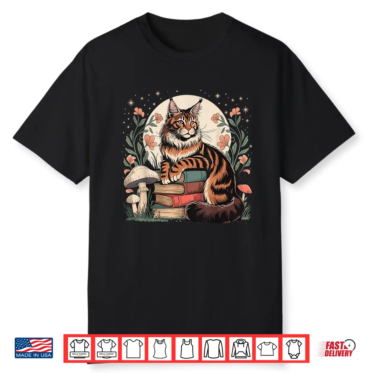 Cottagecore Maine Coon Cat & Books Reader Whimsical Art Shirt