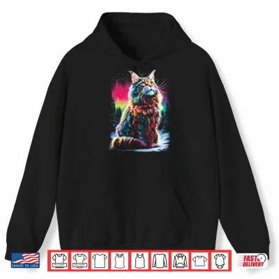 Hoodie Colorful Maine Coon cat Aurora Borealis Winter Season Forest Shirt