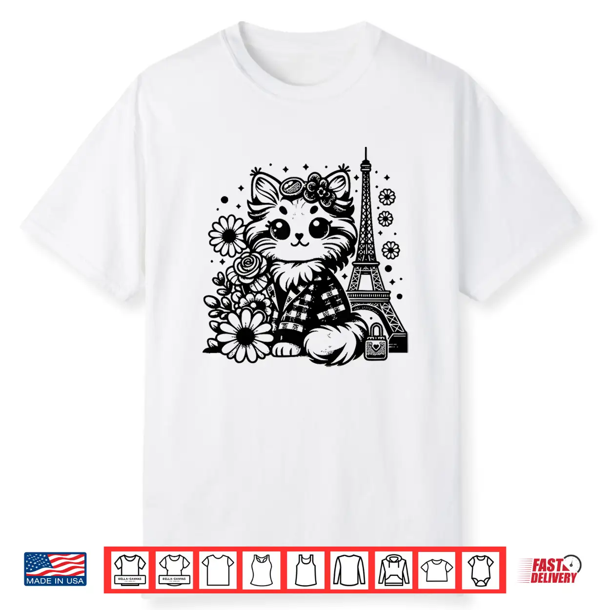 French Paris Eiffel Tower Kawaii Mainecoon Cat Flowers Shirt
